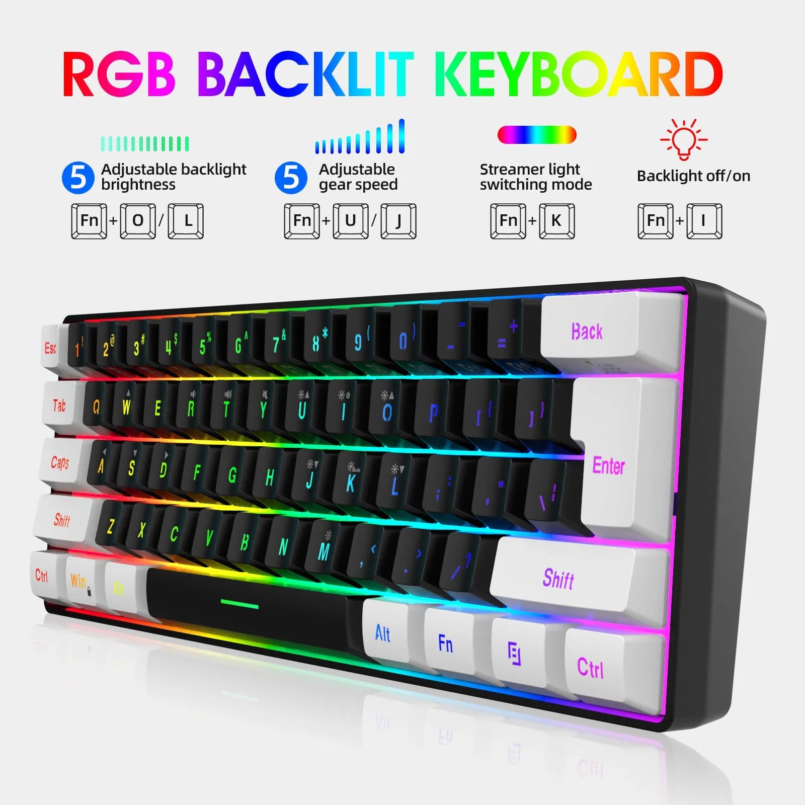 Simple wired 61-key membrane keyboard in white and black colour with compact dimensions and USB cable