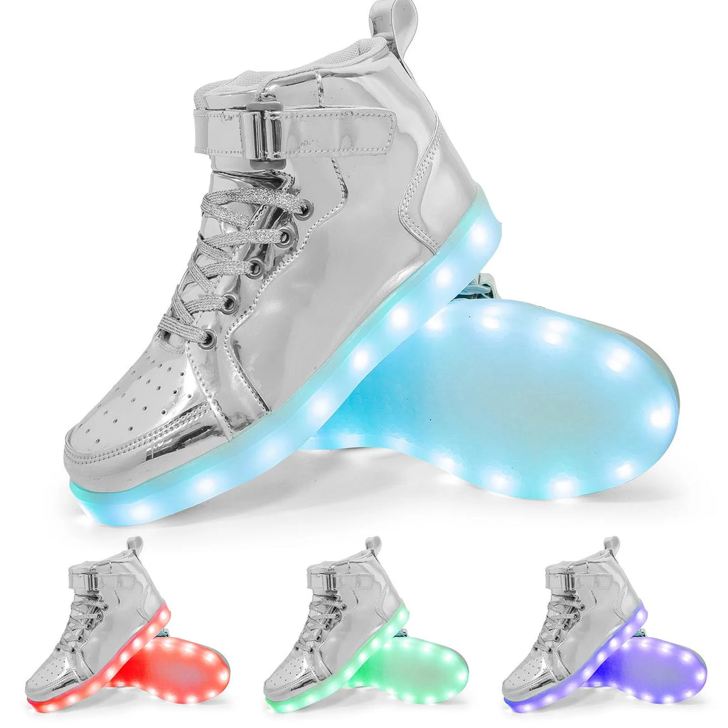 Light-up high-top board shoes with Velcro strap and rechargeable LED lights on display
