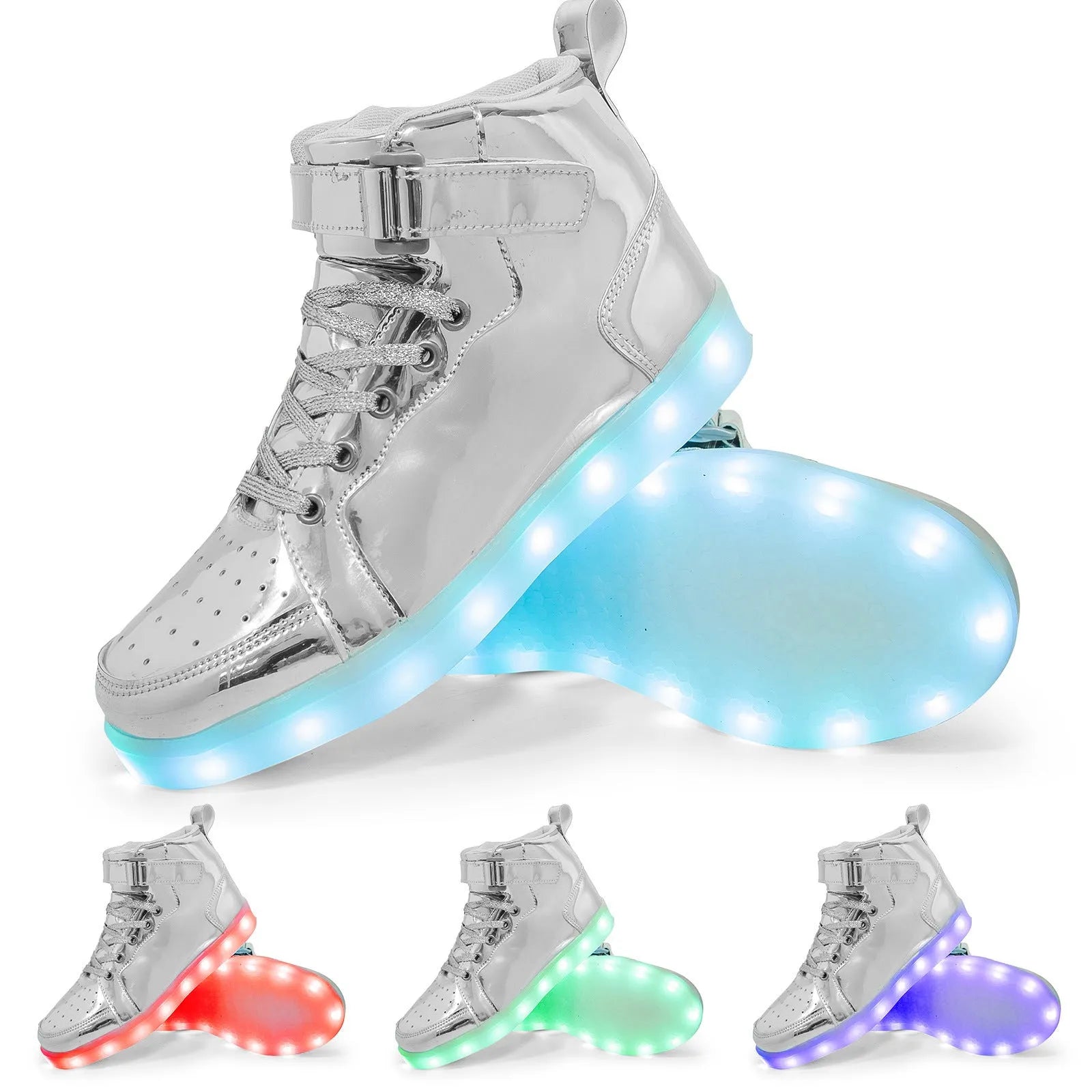 Light-up high-top board shoes with Velcro strap and rechargeable LED lights on display