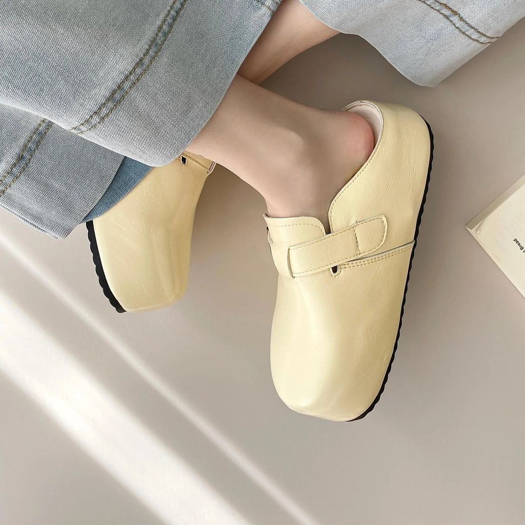 Flat buckle casual sneakers with round toe in yellow, creamy-white, silver, or black colours