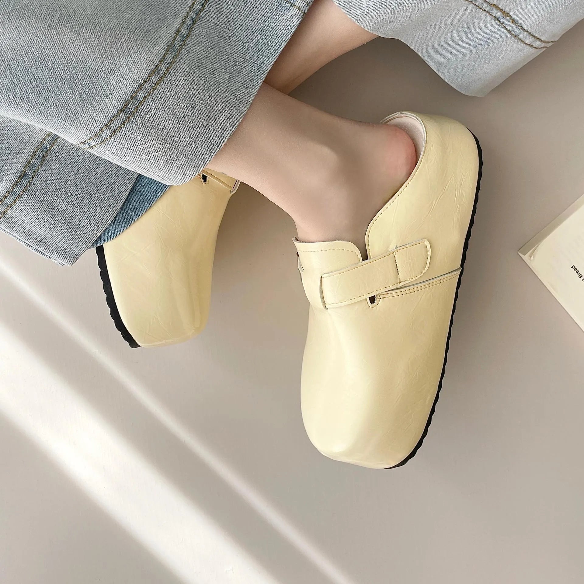 Flat buckle casual sneakers with round toe in yellow, creamy-white, silver, or black colours