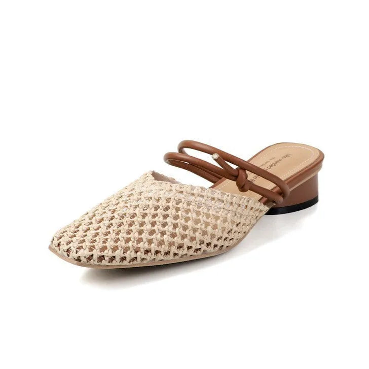 Women's black retro chunky heel slippers with square toe and breathable hollow-out design on artificial PU upper.