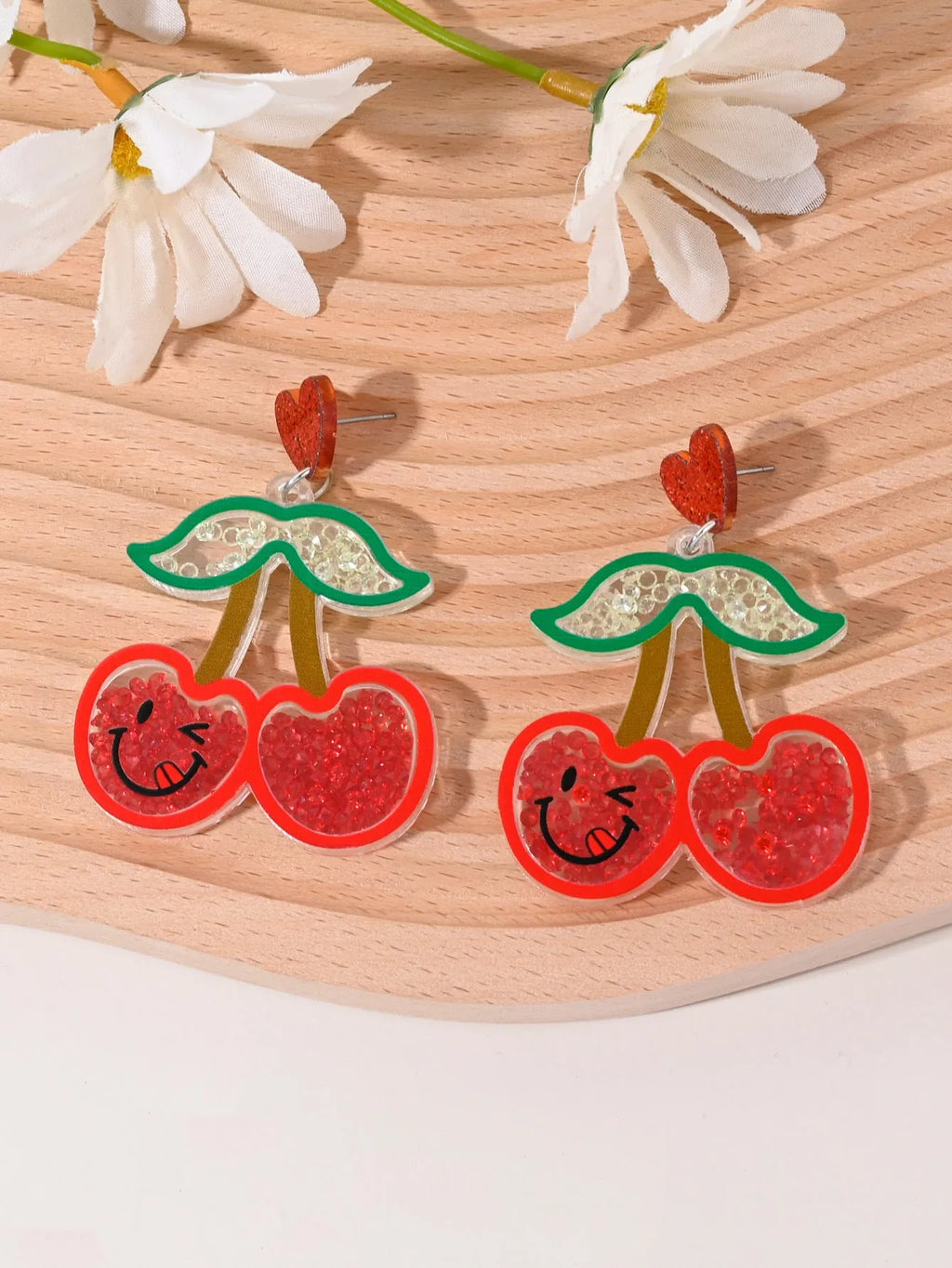 Colourful acrylic earrings with cherry, strawberry, watermelon, pineapple, coconut tree, cake, and ice cream designs for women.
