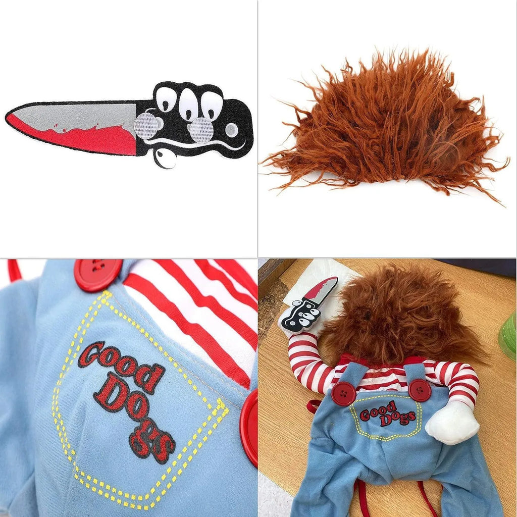 Striped Halloween dog costume with knife accessory in 3-piece set for pets