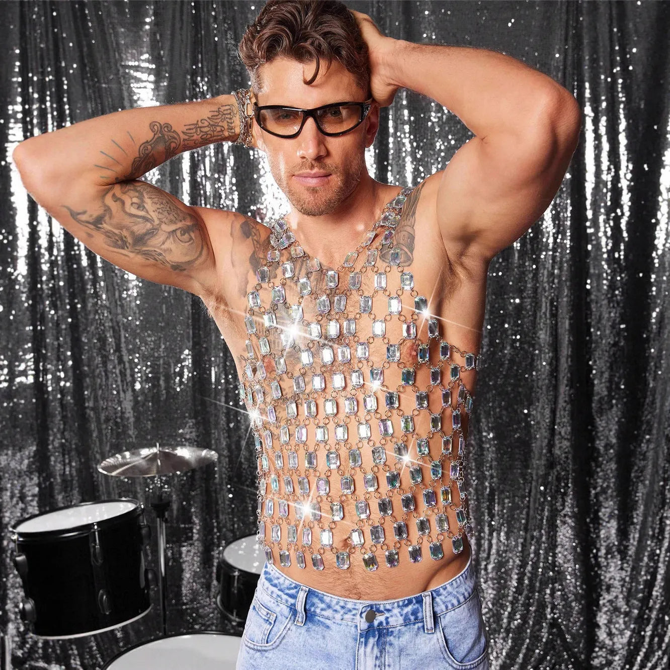 Heavy metal style gem vest top in transparent AB colour with strapless no-back cut, slim fit, and matching alloy body chain