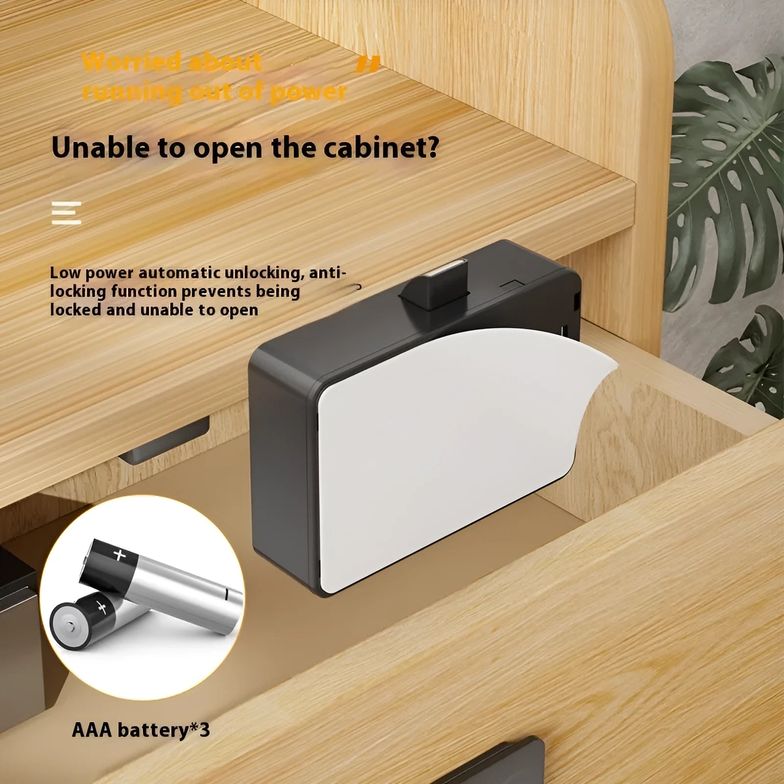 F079 punch-free invisible electronic drawer lock with key on modern drawer.