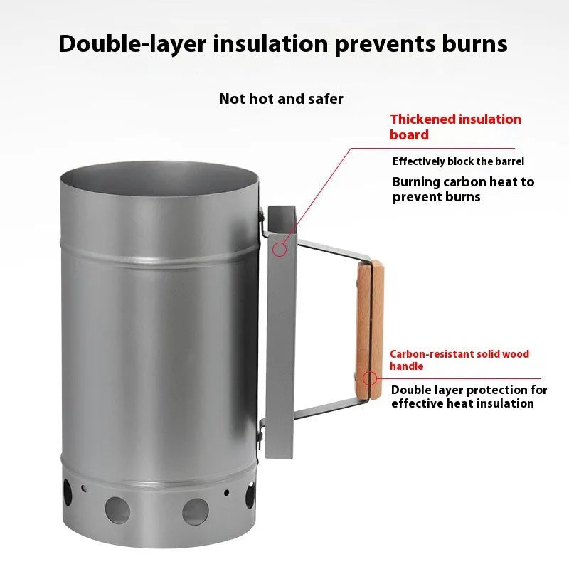 Outdoor barbecue charcoal fire starter in carbon barrel style with zinc-iron alloy construction