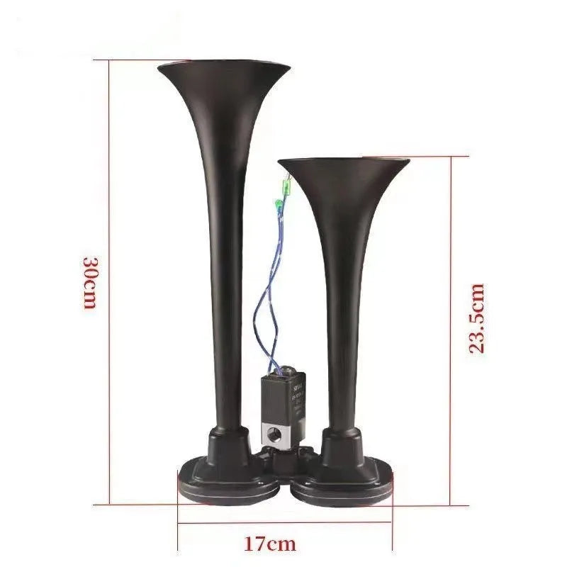 Black dual trumpet super loud 300DB air horn kit for 12V and 24V cars and trucks