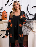 Women's black Halloween cardigan with orange pumpkin head jacquard pattern, medium length
