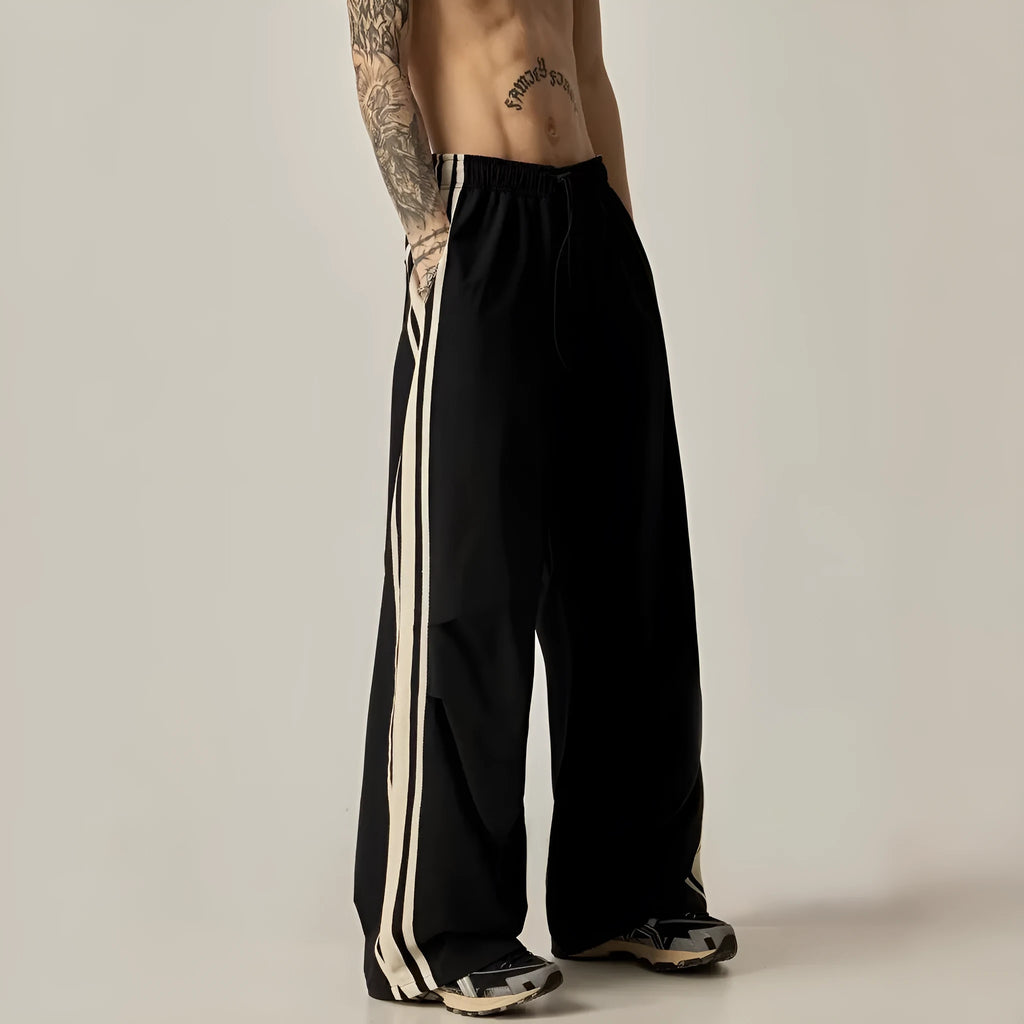 Black wide-leg straight-cut climbing trousers for men with high waist design