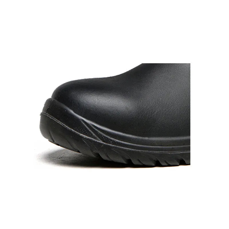 Black high-top leather safety work boots with anti-piercing sole on a white background.
