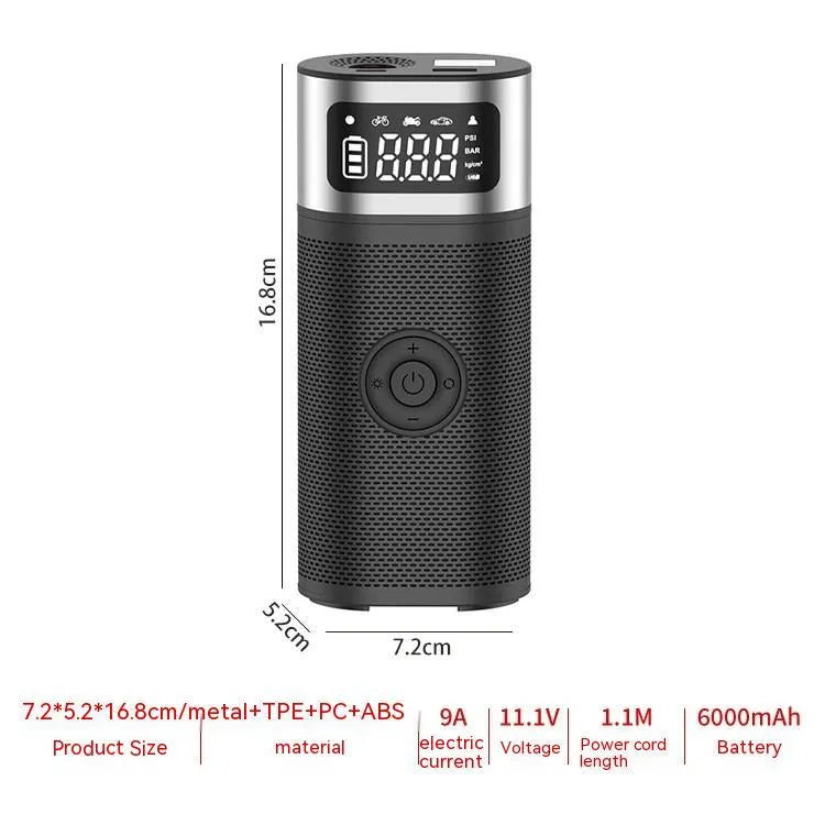 Black portable wireless smart air pump with a 15cm tube and multiple nozzles on a grey background.