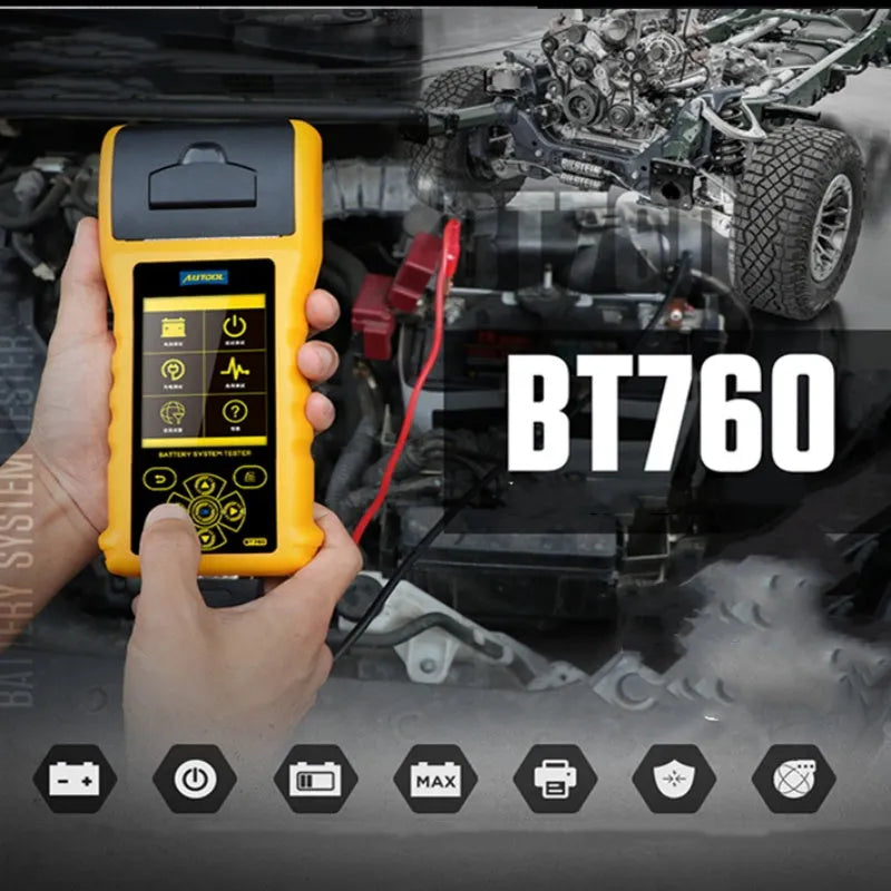 Autool BT760 digital vehicle battery tester with colour screen, thermal printer, and battery clip connectors