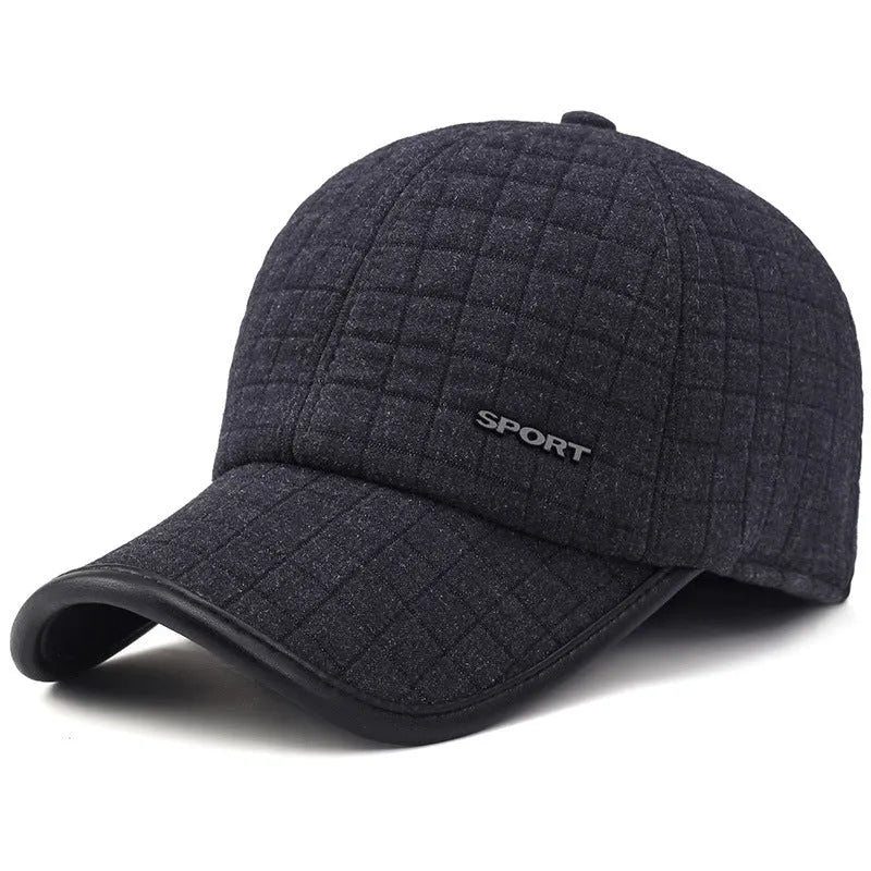 Men's black winter thickened cotton baseball cap with ear protection, adjustable 56-60 cm circumference