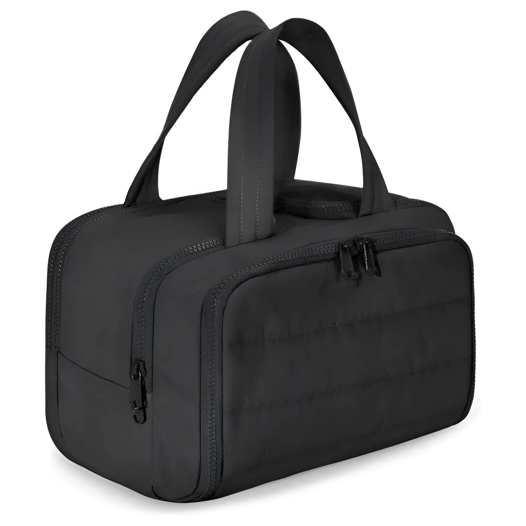 Lightweight large capacity travel toiletries bag open showing fluffy polyester interior in available colours