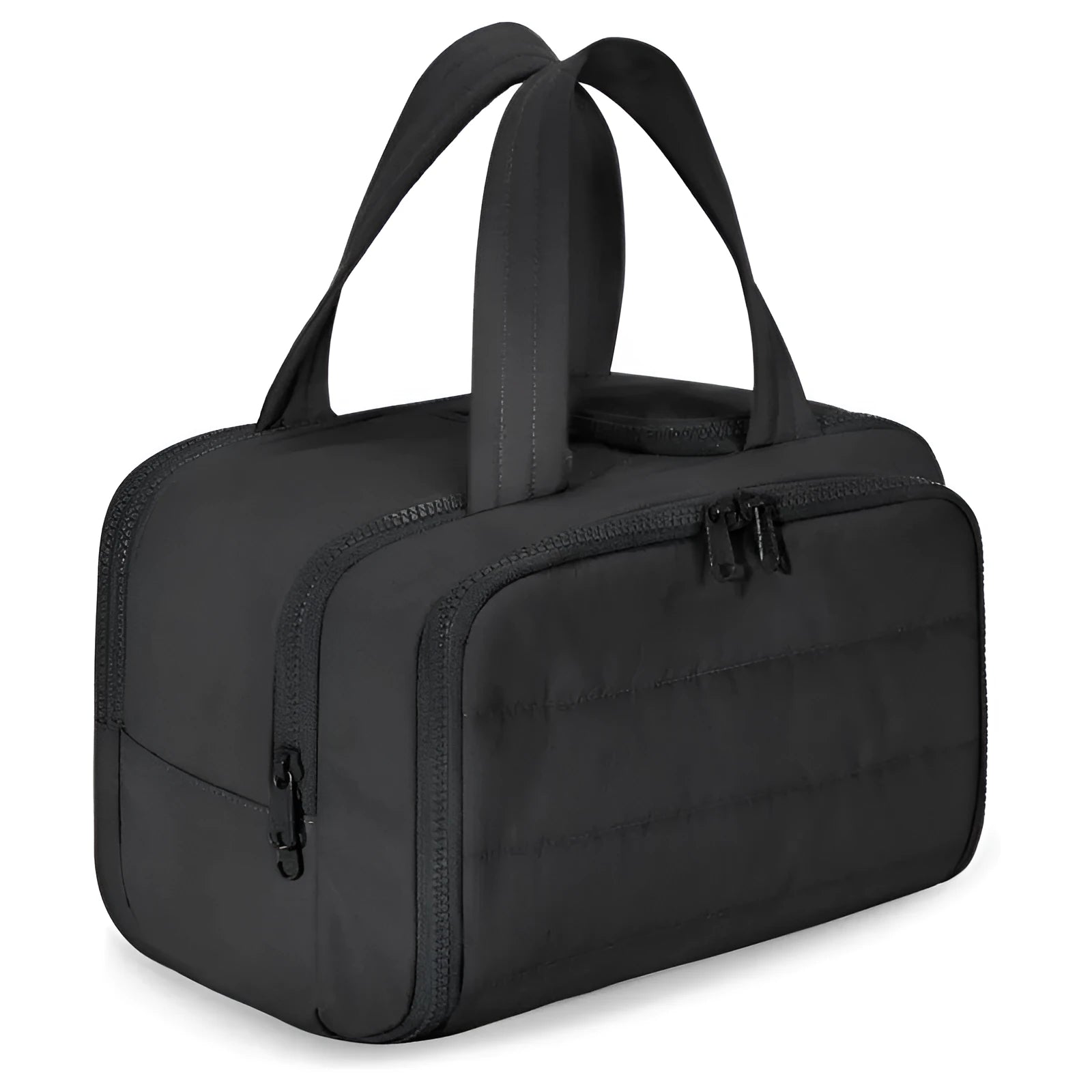 Lightweight large capacity travel toiletries bag open showing fluffy polyester interior in available colours
