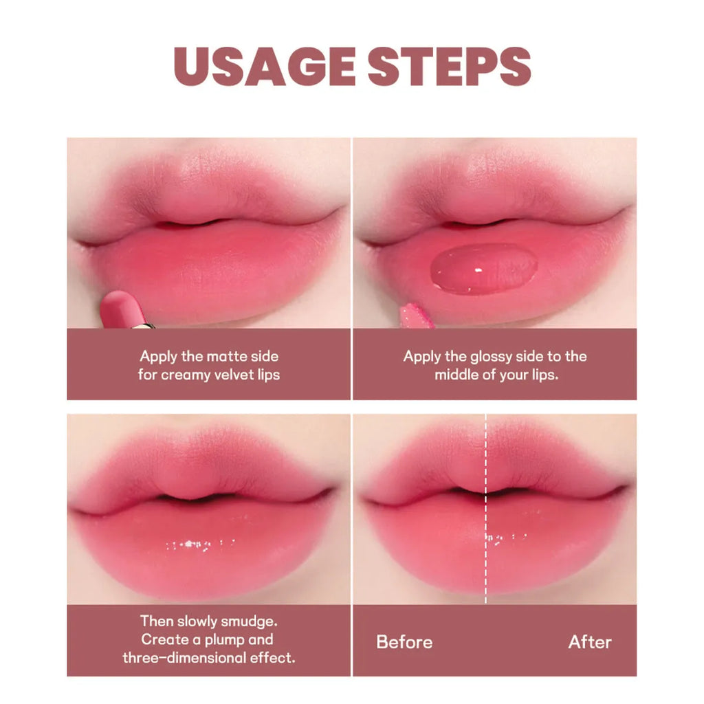 Double-headed lipstick with two colour tips showing matte finish, available in 10 colour variations