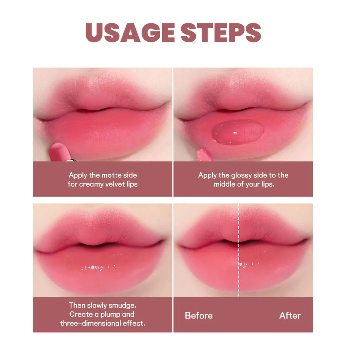 Double-headed lipstick with two colour tips showing matte finish, available in 10 colour variations