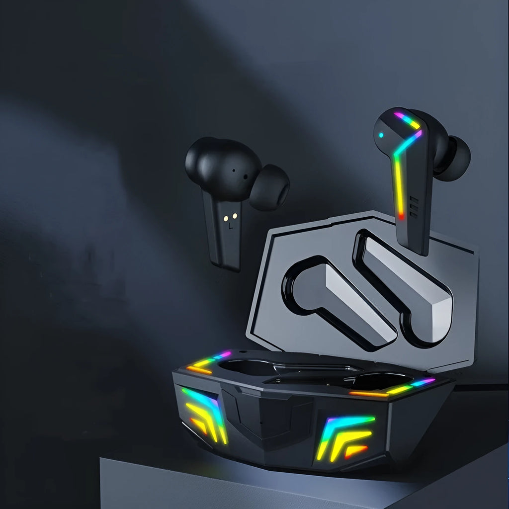 Small black wireless TWS sports earbuds with low latency for gaming.