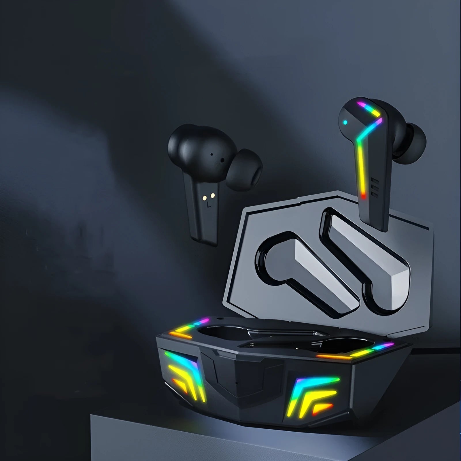 Small black wireless TWS sports earbuds with low latency for gaming.