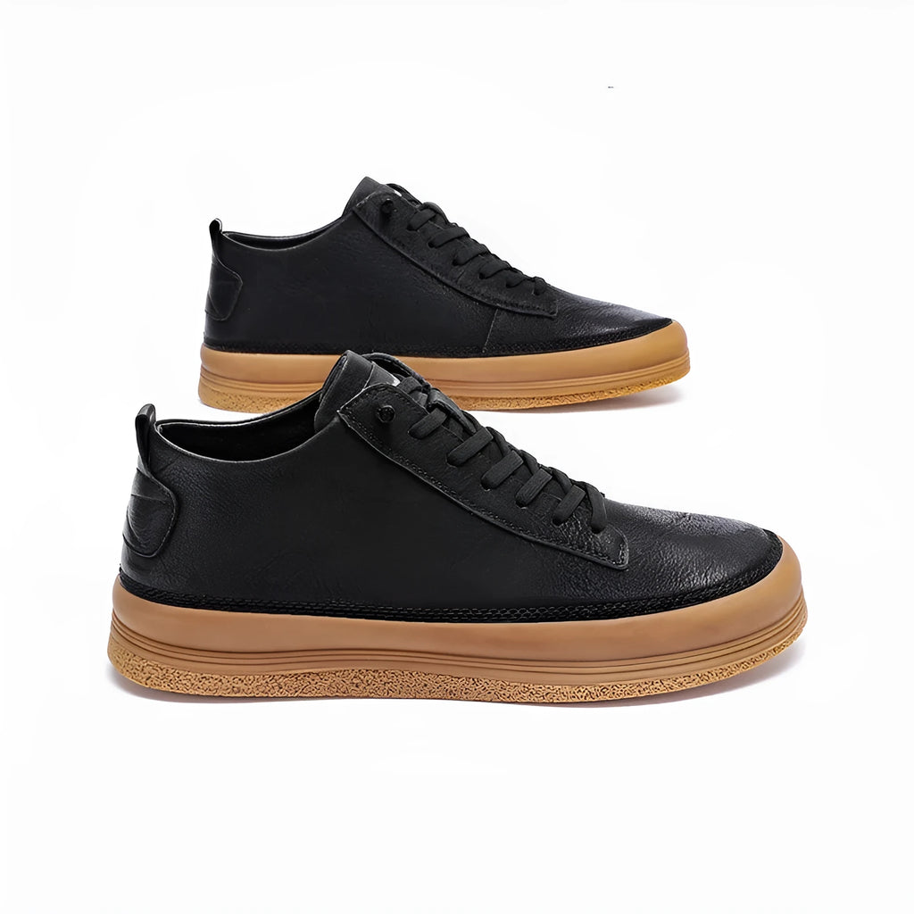 Men's black casual leather shoes with round toe and lace-up closure