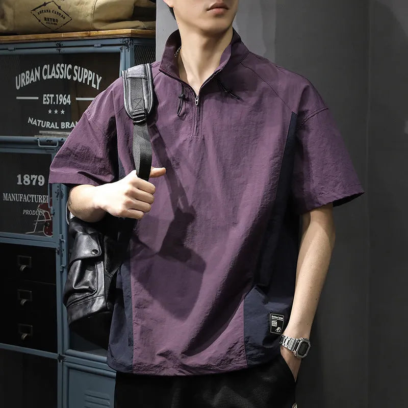 Men's short sleeve half-zip stand collar shirt in brown or purple ice silk fabric with loose fit