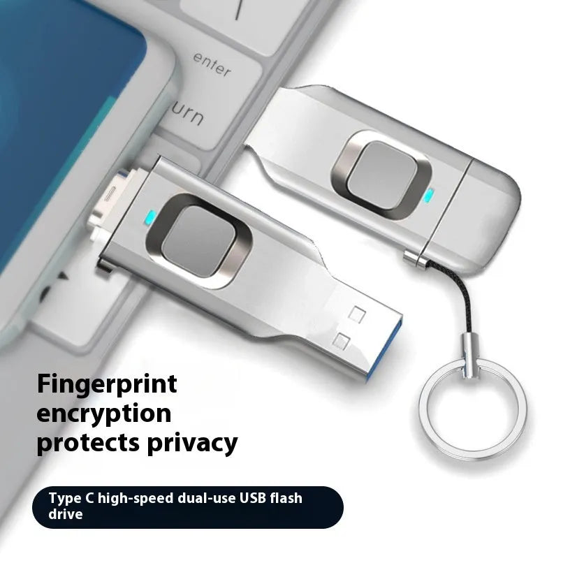 Black fingerprint-encrypted USB flash drive showing USB 3.0 and Type-C connectors