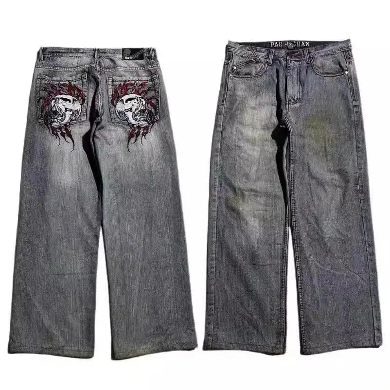 Men's grey washed-out wide-leg jeans with a straight cut and mid-rise waist on a mannequin.