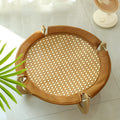 Brown woven rattan raised pet bed for cats and dogs, measuring 46cm square.