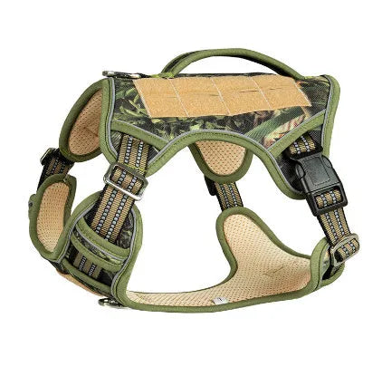 Working dog tactical chest harness for search and rescue dogs in camouflage colour