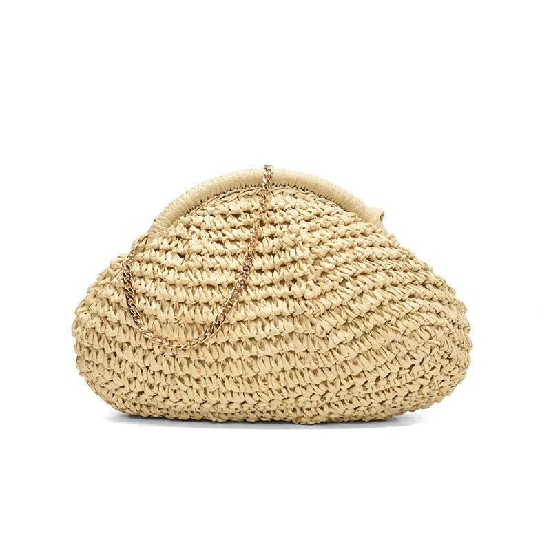Shell-shaped straw shoulder bag with chain detailing and internal zipper pocket