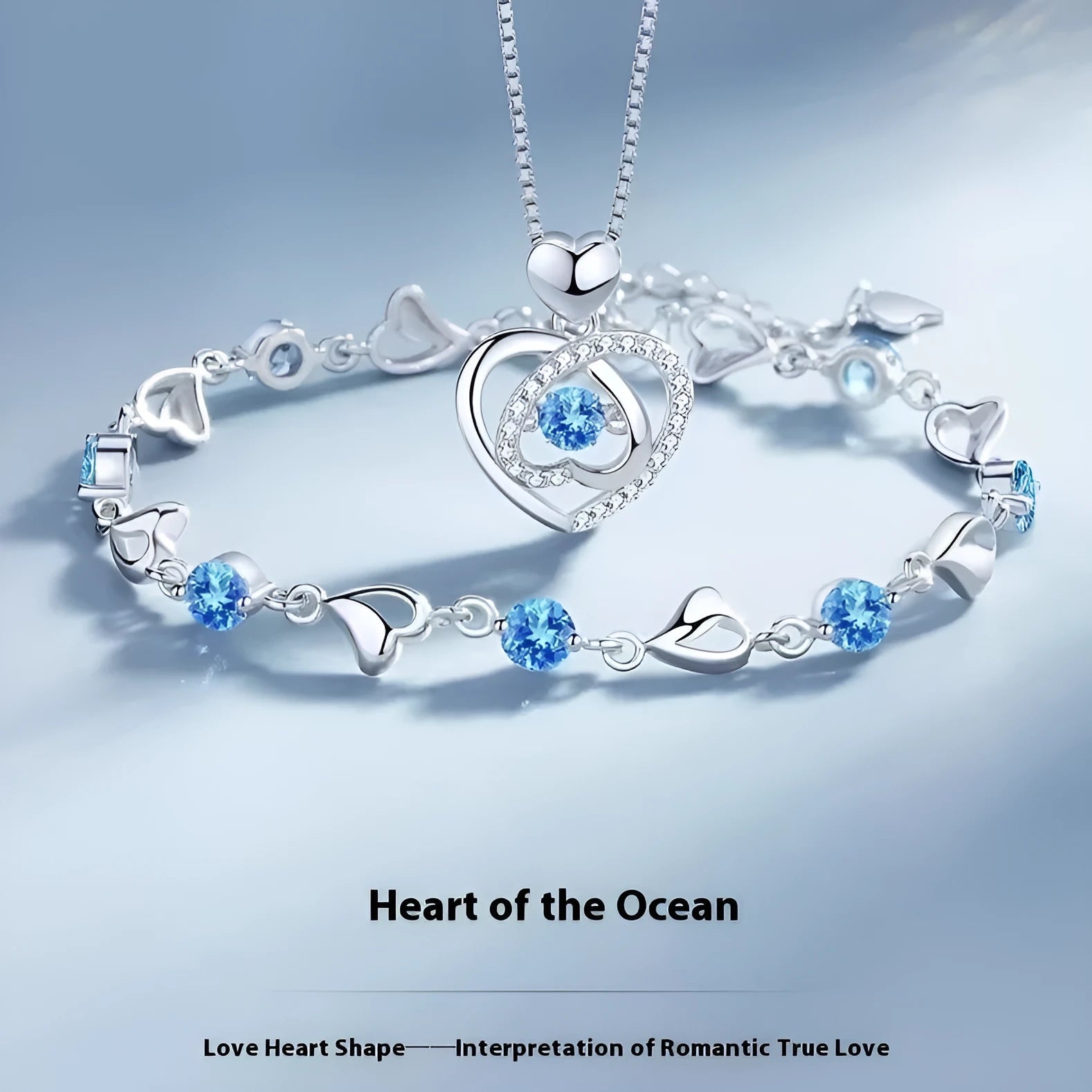 Blue diamond geometric love heart necklace and bracelet set on copper chain with adjustable 41-50cm length