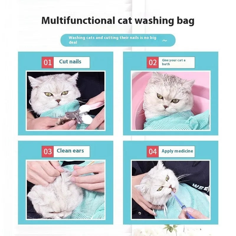 Five-generation cat grooming wash bag in grey and white colour with detachable design