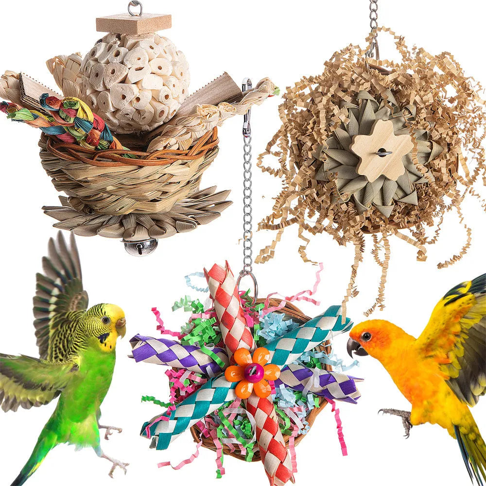 Natural wood parrot gnawing toy showing three chewing options for medium and large birds