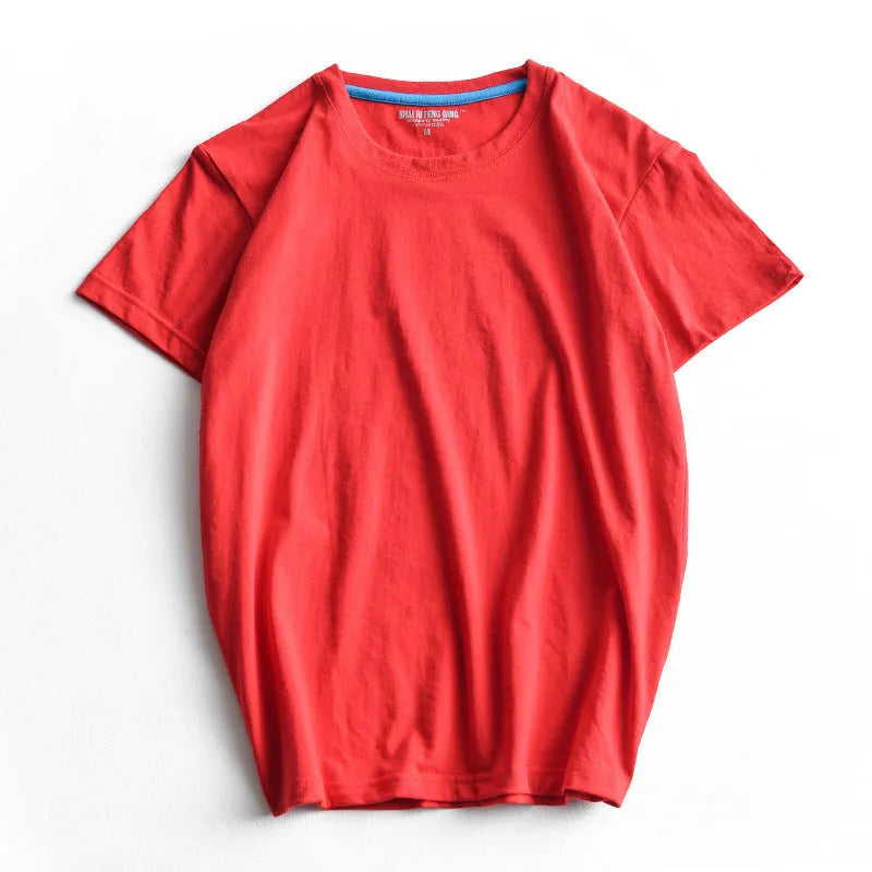 Men's solid colour round neck cotton t-shirt on a hanger, showing short sleeves and casual fit.