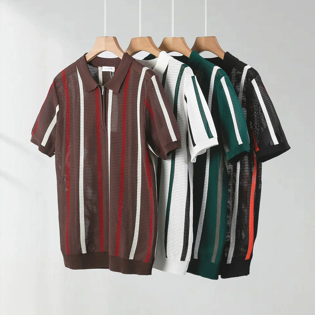 Hollow mesh short-sleeved knit polo shirt in loose fit ice silk viscose for summer.