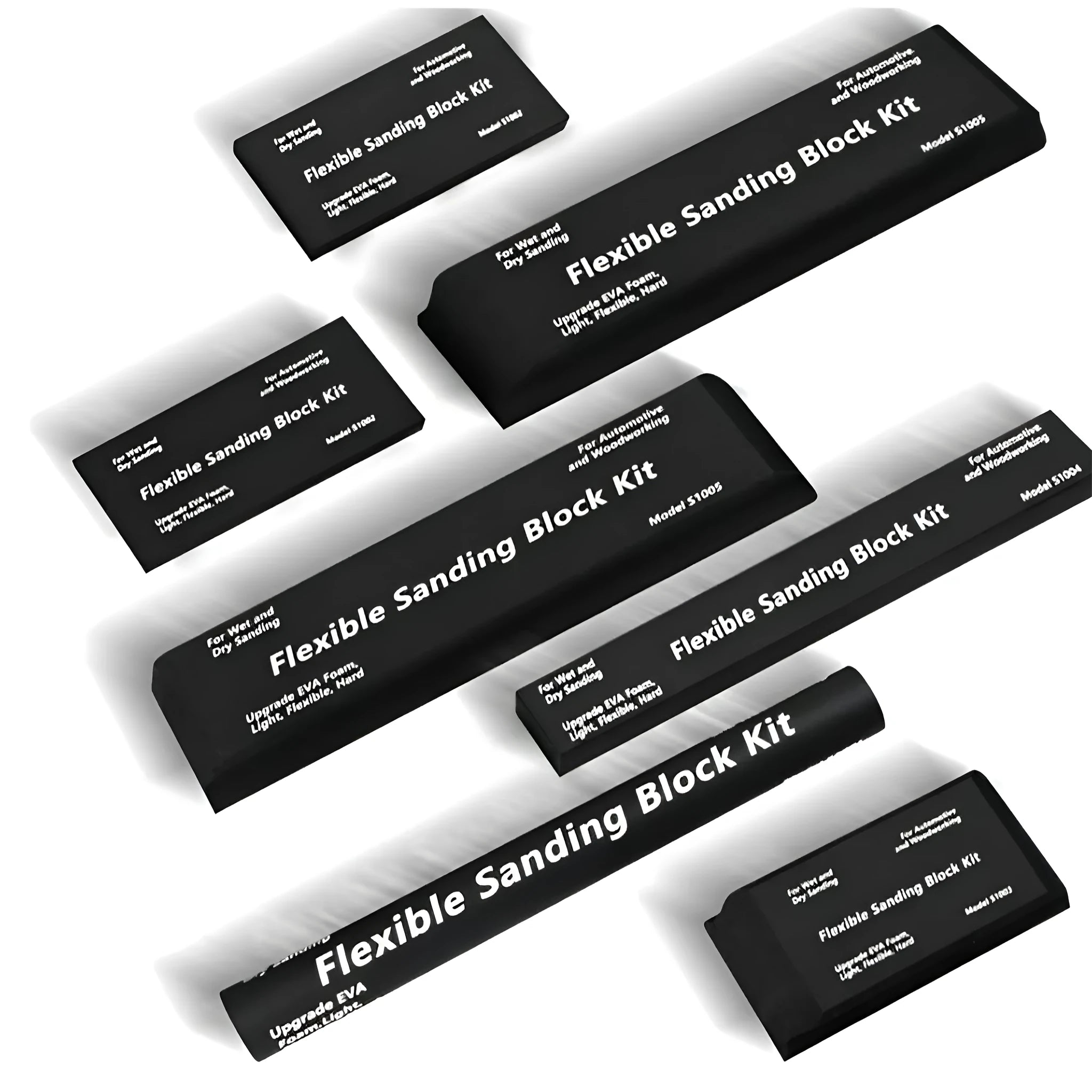 Seven black EVA frosted metal building blocks arranged together