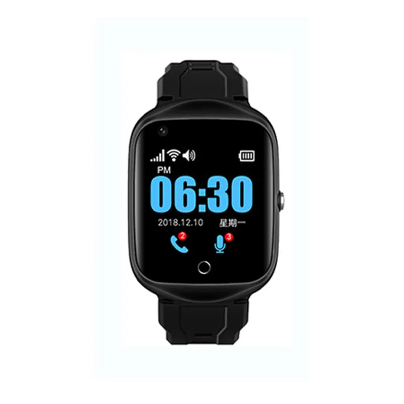 Square-faced elderly safety smartwatch with GPS and SOS button on a silicone strap.