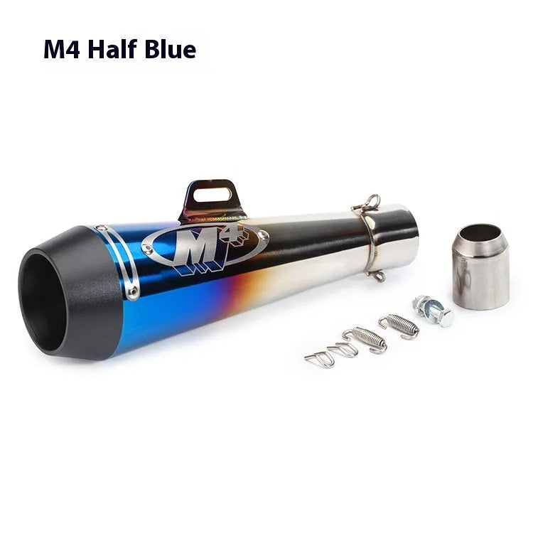 M4 universal motorcycle exhaust pipe in titanium, black and blue finish options