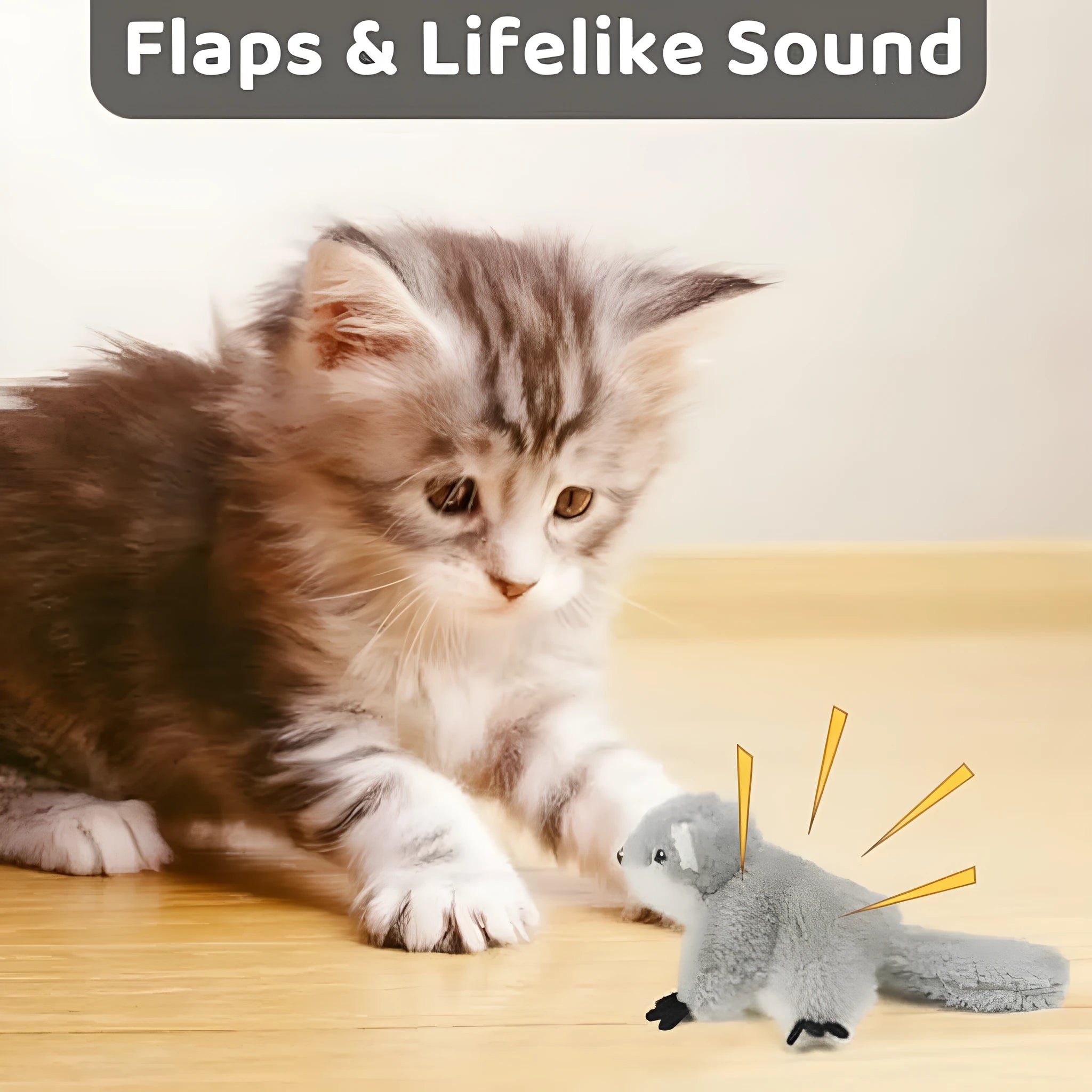 Gray flapping squirrel cat toy with waving wings showing touch-activated interactive features
