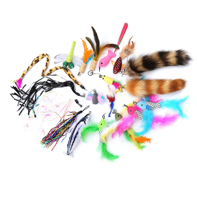 Extendable cat teasing fishing rod set with feather replacement heads