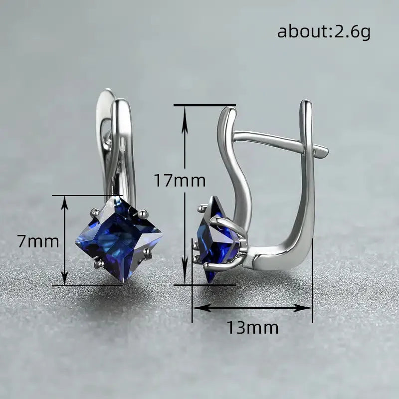 Women's copper earrings with diamond design and zircon stones in blue, colour, and green variations
