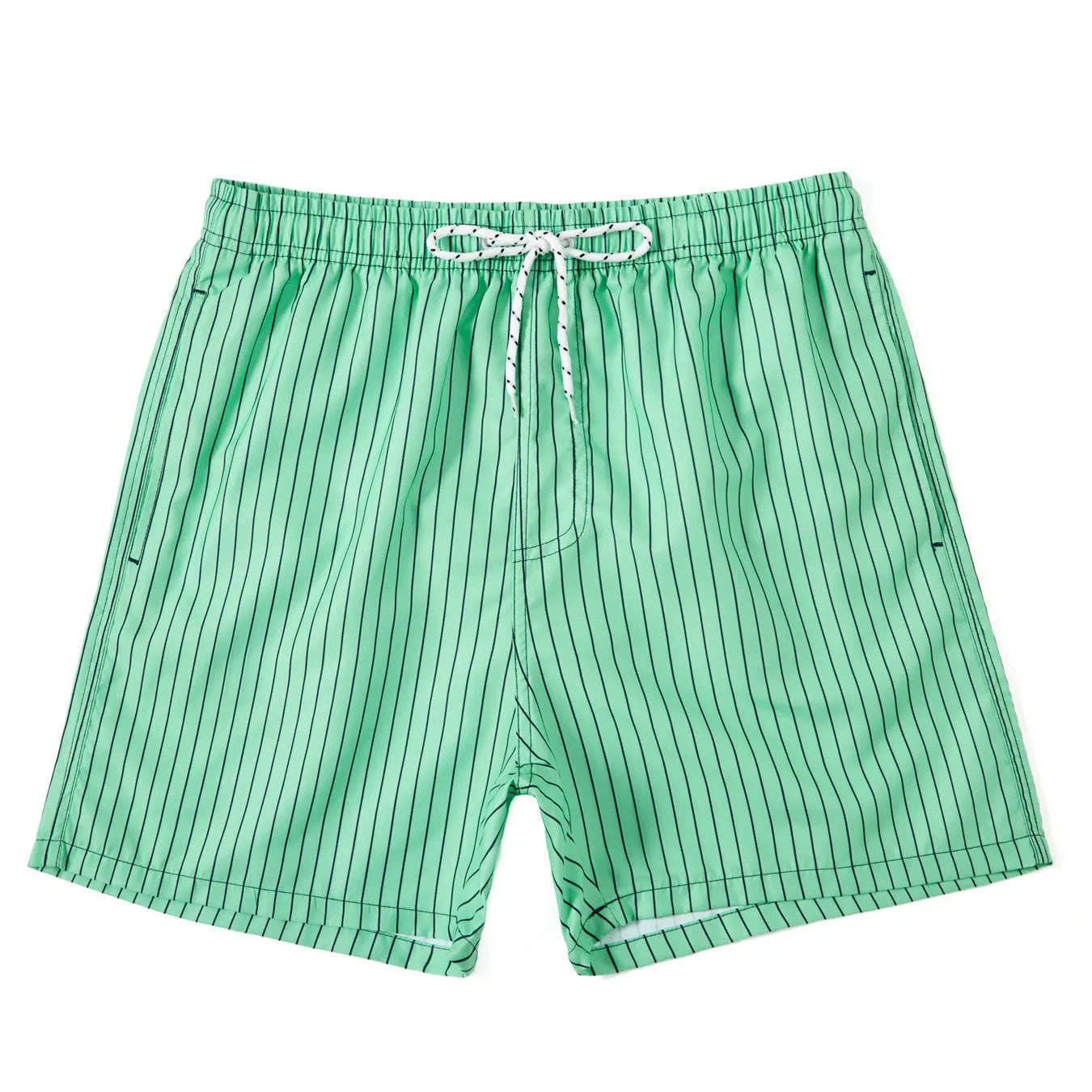 Men's striped polyester shorts with triangle lining in navy blue, straight leg opening for beachwear