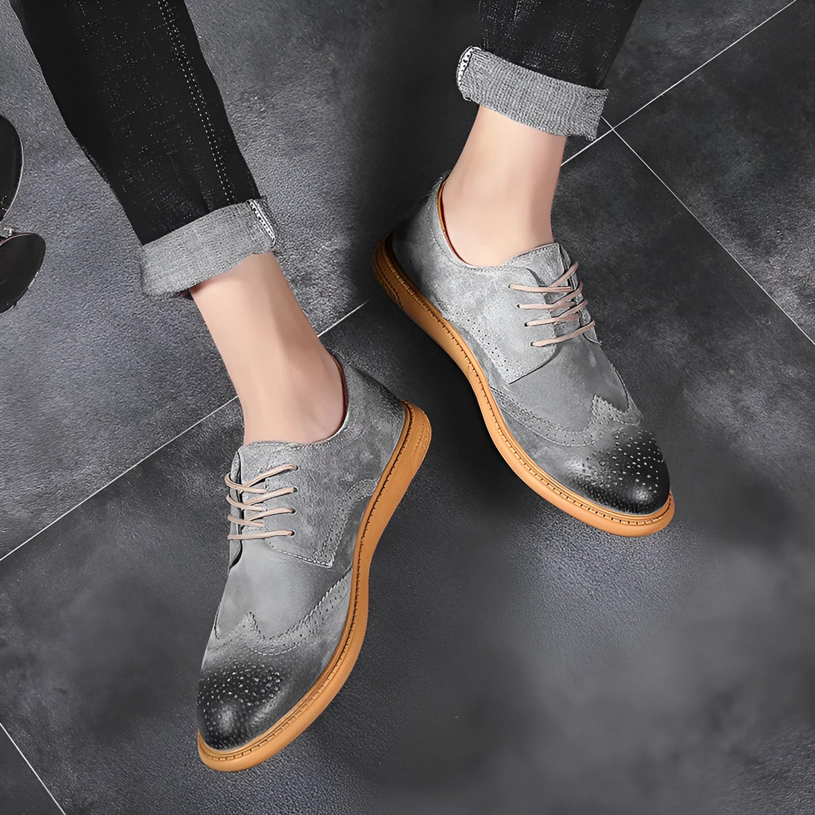 Men's black leather business lace-up shoes with retro stitching on a non-slip rubber sole.