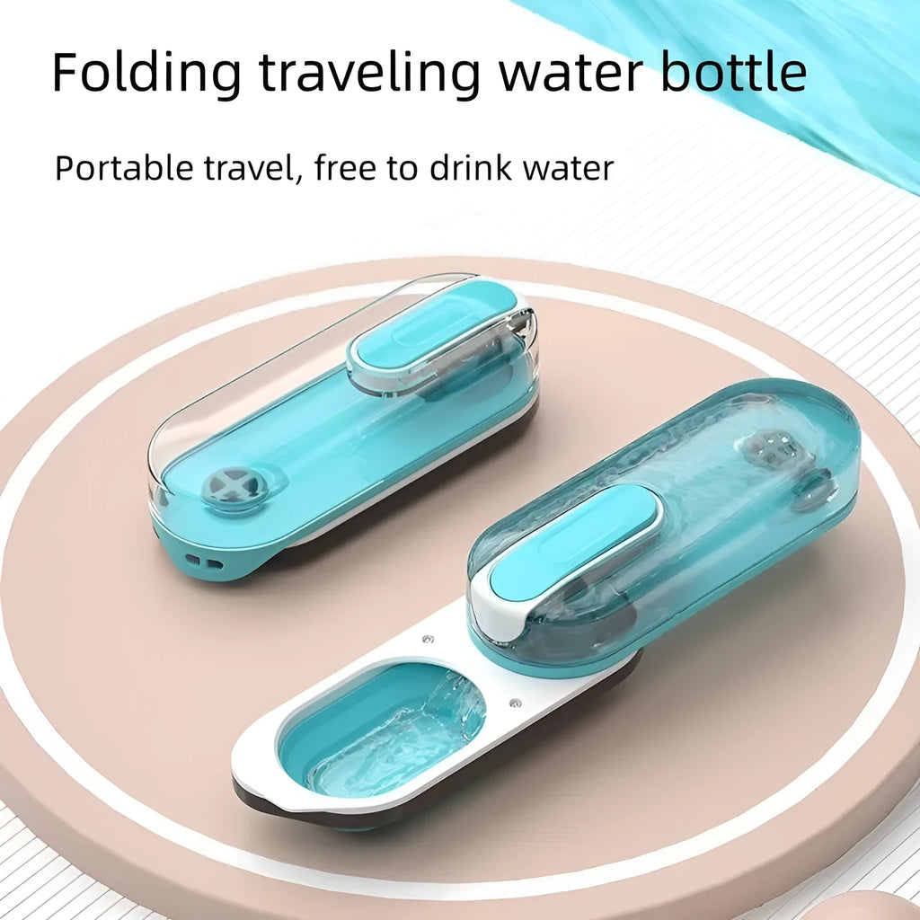Blue portable dog water bottle with a foldable silicone bowl attached and a carabiner clip.