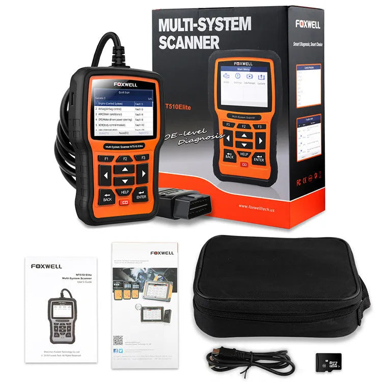 Foxwell NT510 orange and black automotive diagnostic tool with OBD2 cable and large colour screen