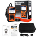 Foxwell NT510 orange and black automotive diagnostic tool with OBD2 cable and large colour screen