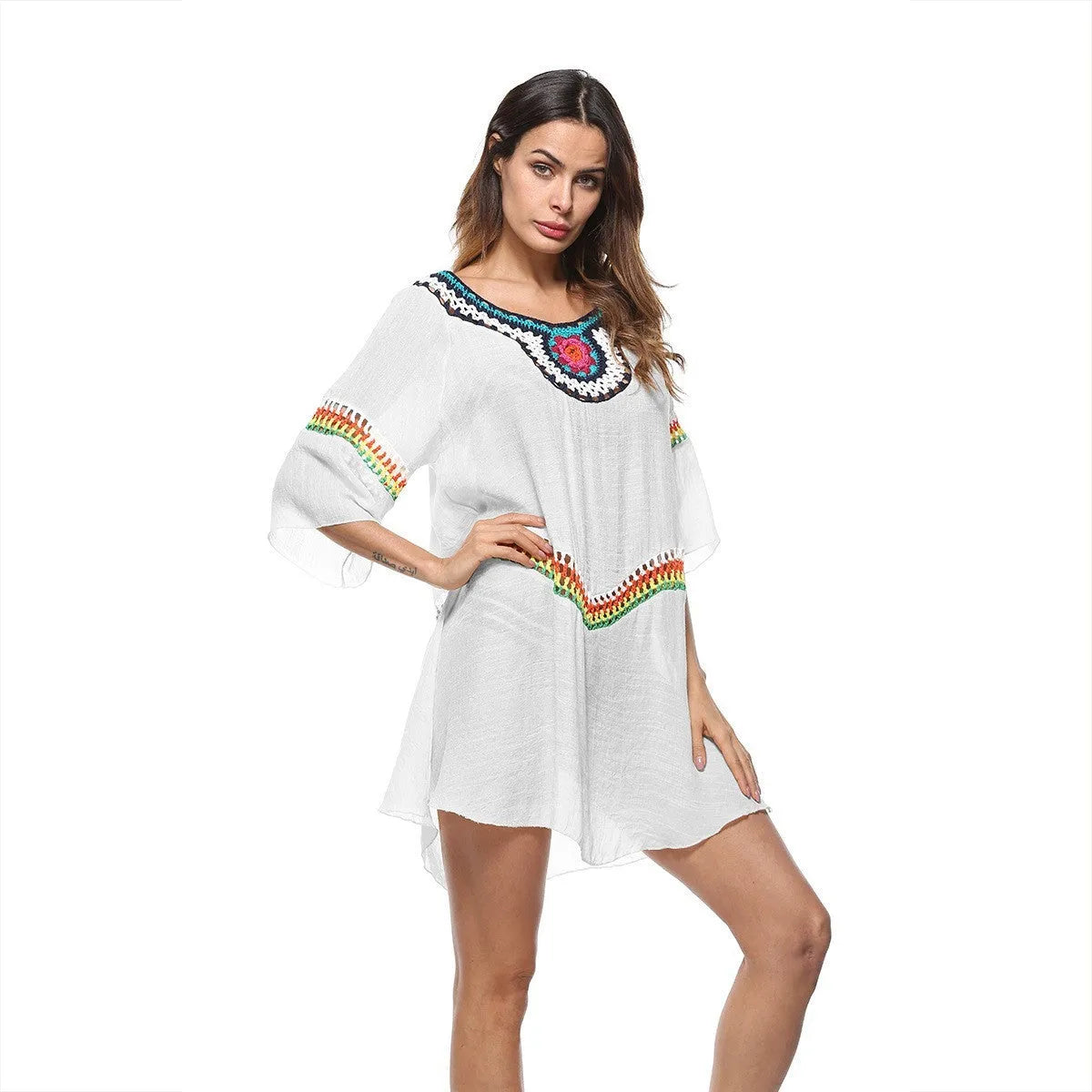 Crocheted ethnic style white polyester sun protection clothing for women on a beach