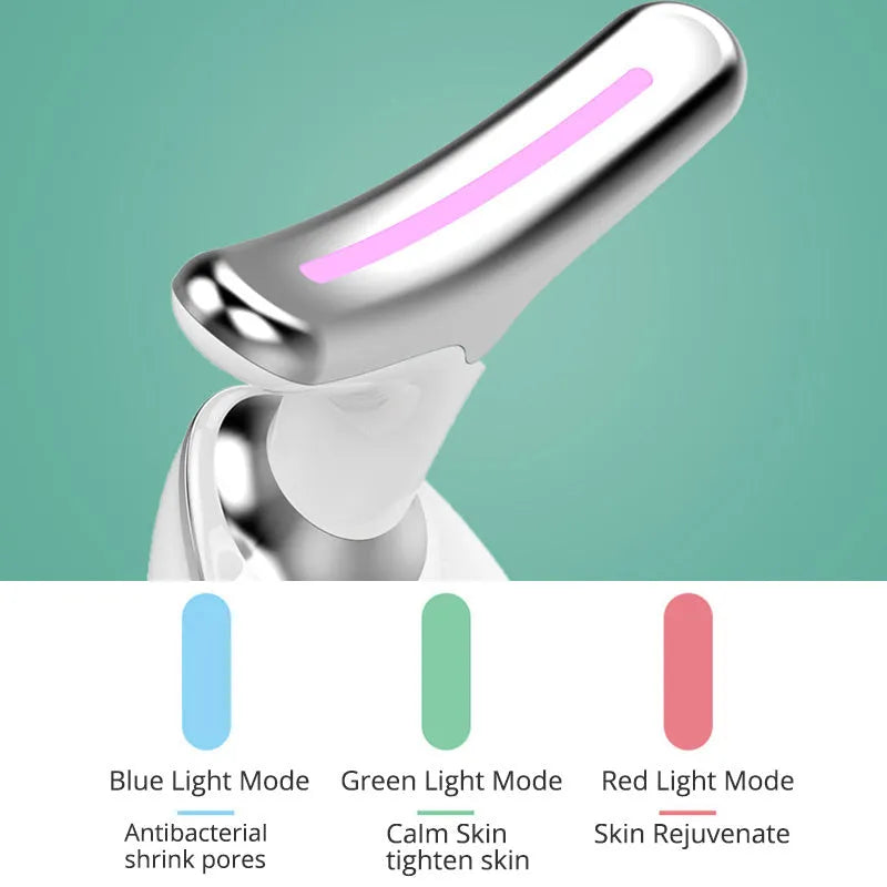 White EMS thermal neck massager device with LED lights on a stand next to USB cable.