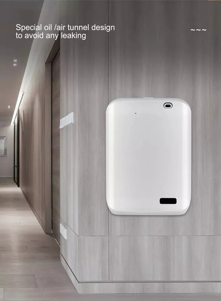 White HVAC wall mount essential oil diffuser with 150ml tank and smart app control mounted on wall